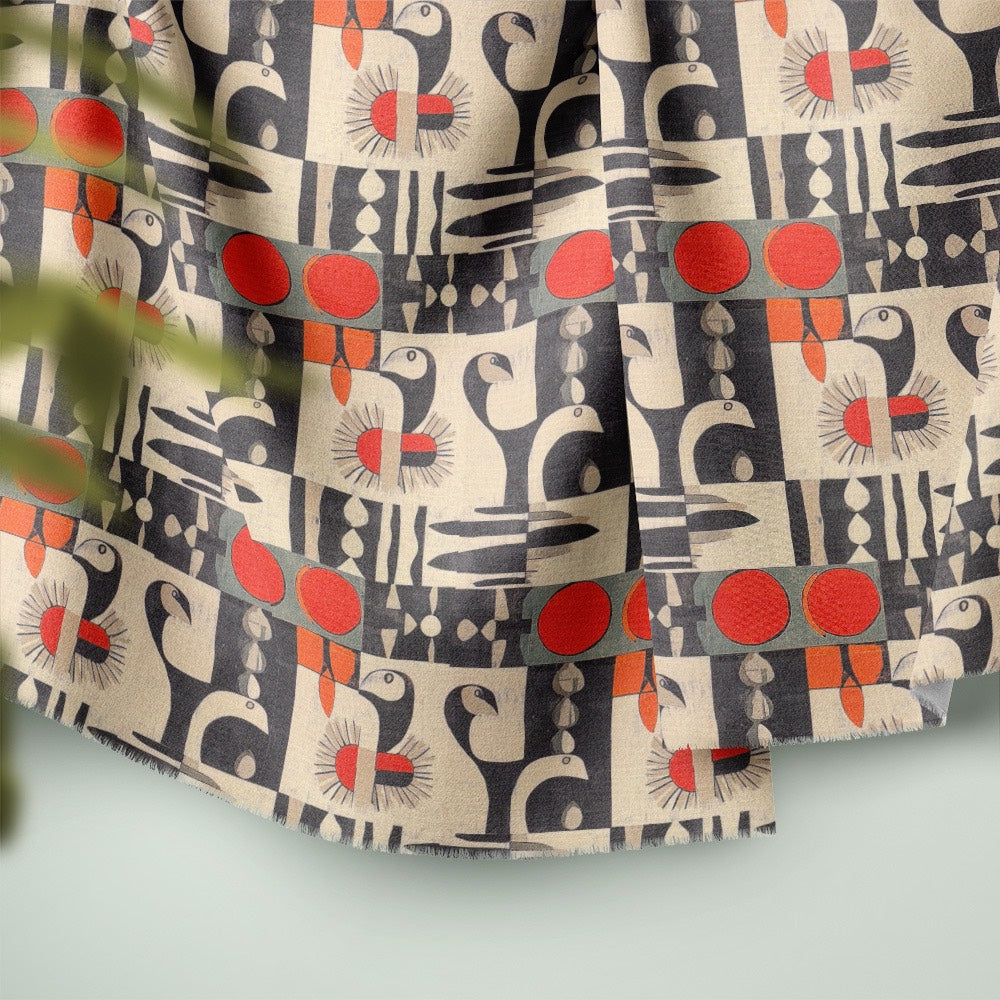 Atelier No.12 curtain fabric showing soft drape with repeating tile birds and graphic red highlights