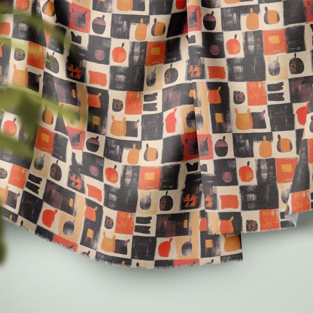Atelier No.15 tiled curtain fabric ruffled showing soft drape with warm orange, ochre and black geometric tiles