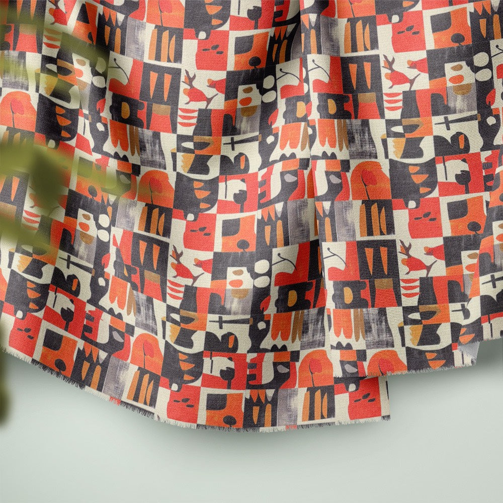 Atelier No.1 tiled curtain fabric ruffle detail showing geometric orange and charcoal tile pattern on cotton linen basecloth