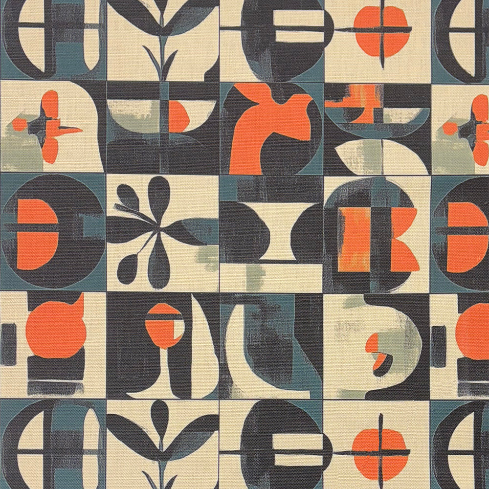 Tiled curtain fabric with abstract geometric squares in charcoal, teal and burnt orange – Atelier No.9 curtain fabric flat view