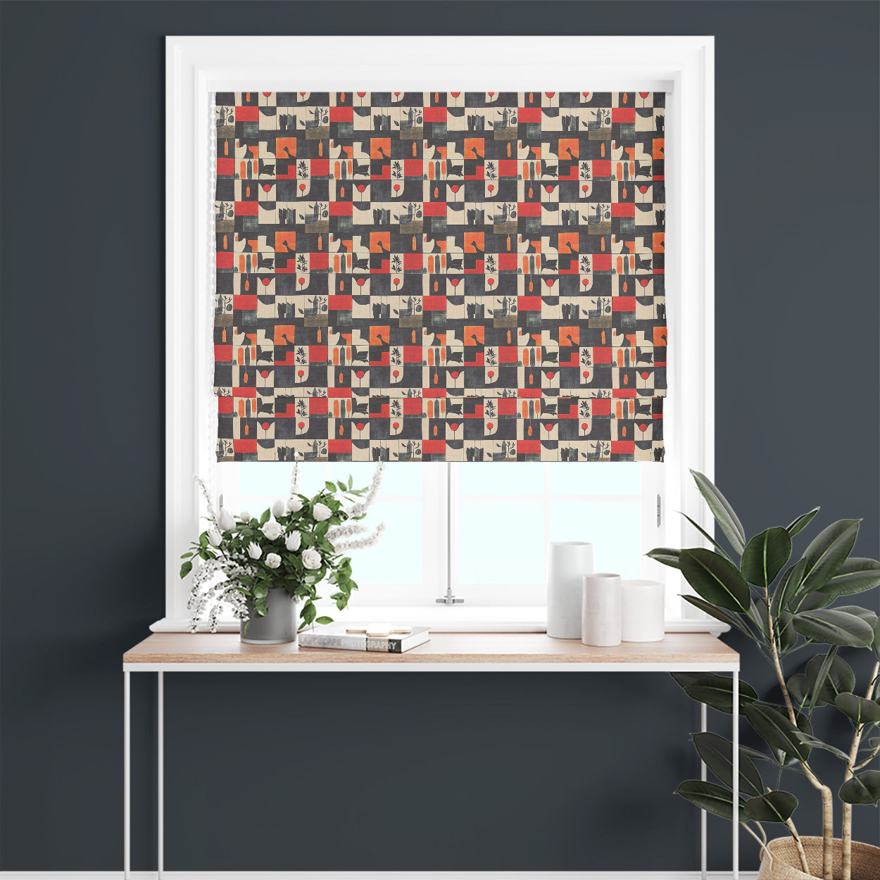 Roman blind made from Atelier No.10 tiled curtain fabric featuring geometric tiles with botanical and architectural motifs