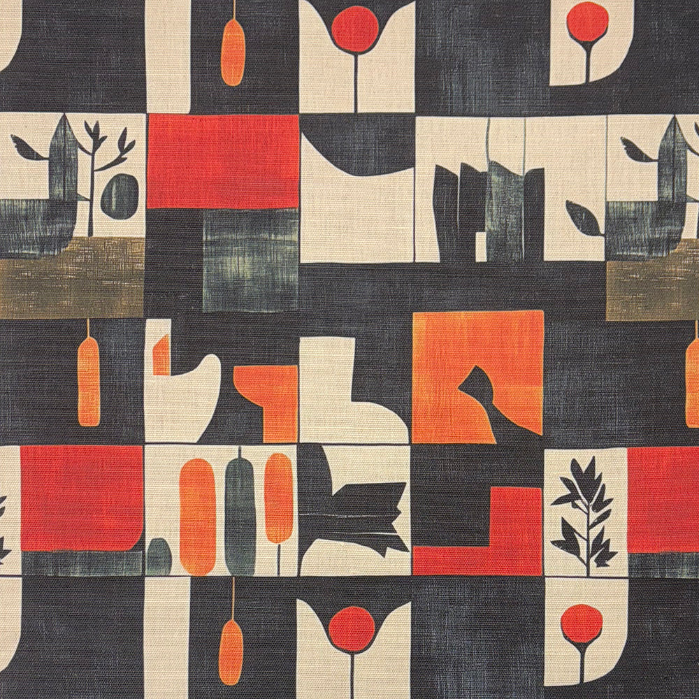 Atelier No.10 Upholstery Fabric – mid-century inspired block design in black, red, taupe and ivory with abstract tulips and organic forms
