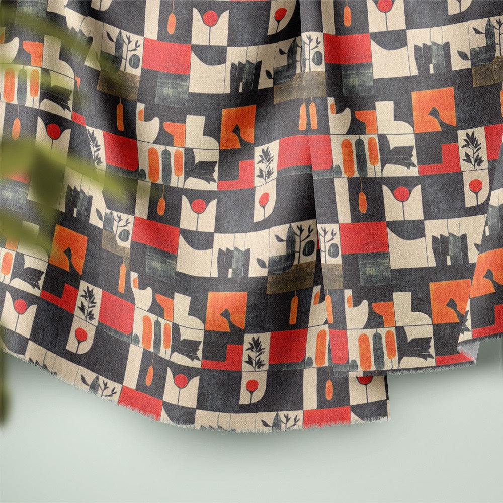 Draped Atelier No.10 upholstery fabric – soft cotton blend with geometric tile design and natural motifs