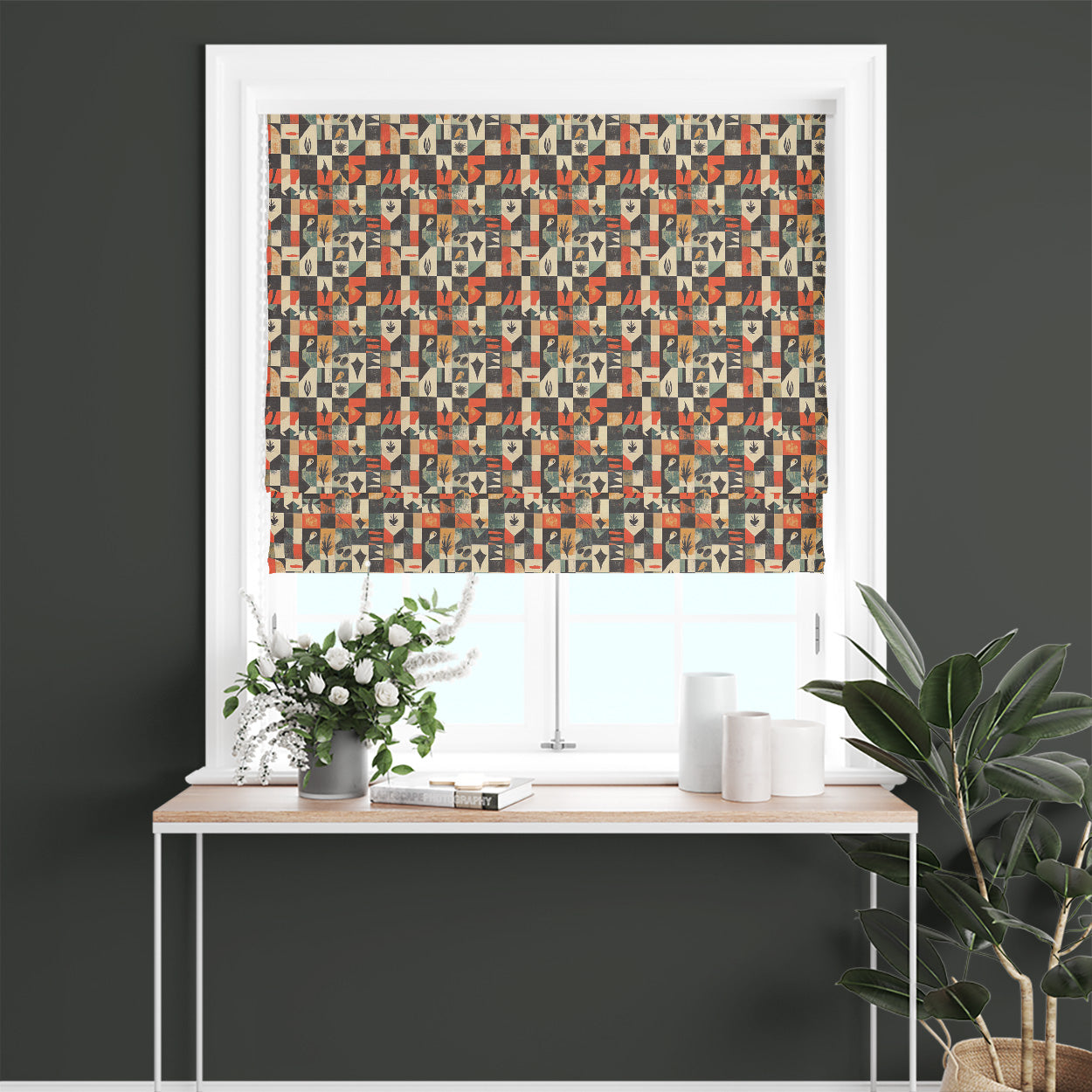 Atelier No.11 tiled curtain fabric Roman blind featuring modern geometric tiles in warm orange and dark charcoal
