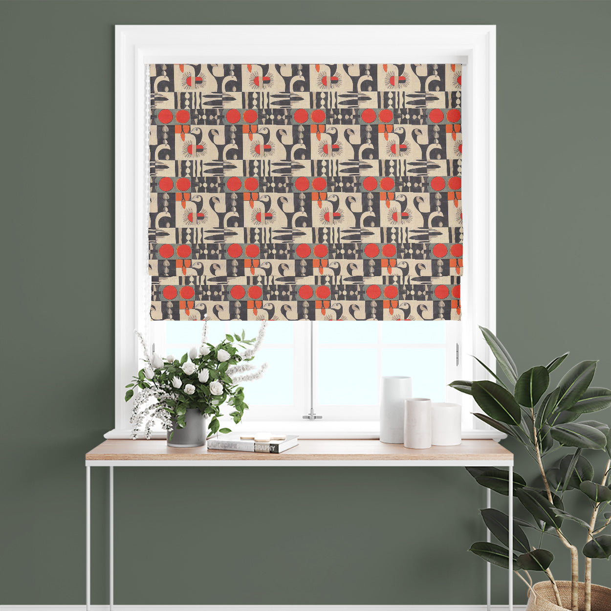 Atelier No.12 tiled curtain fabric Roman blind with stylised bird motifs and modern geometric tiles