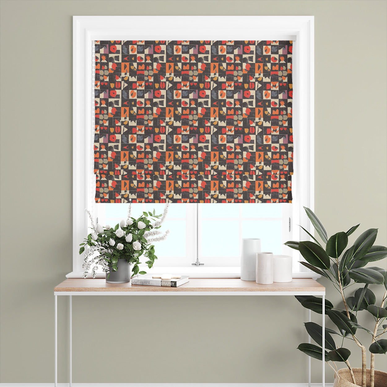 Atelier No.14 Roman blind – geometric tiled curtain fabric styled in modern window setting