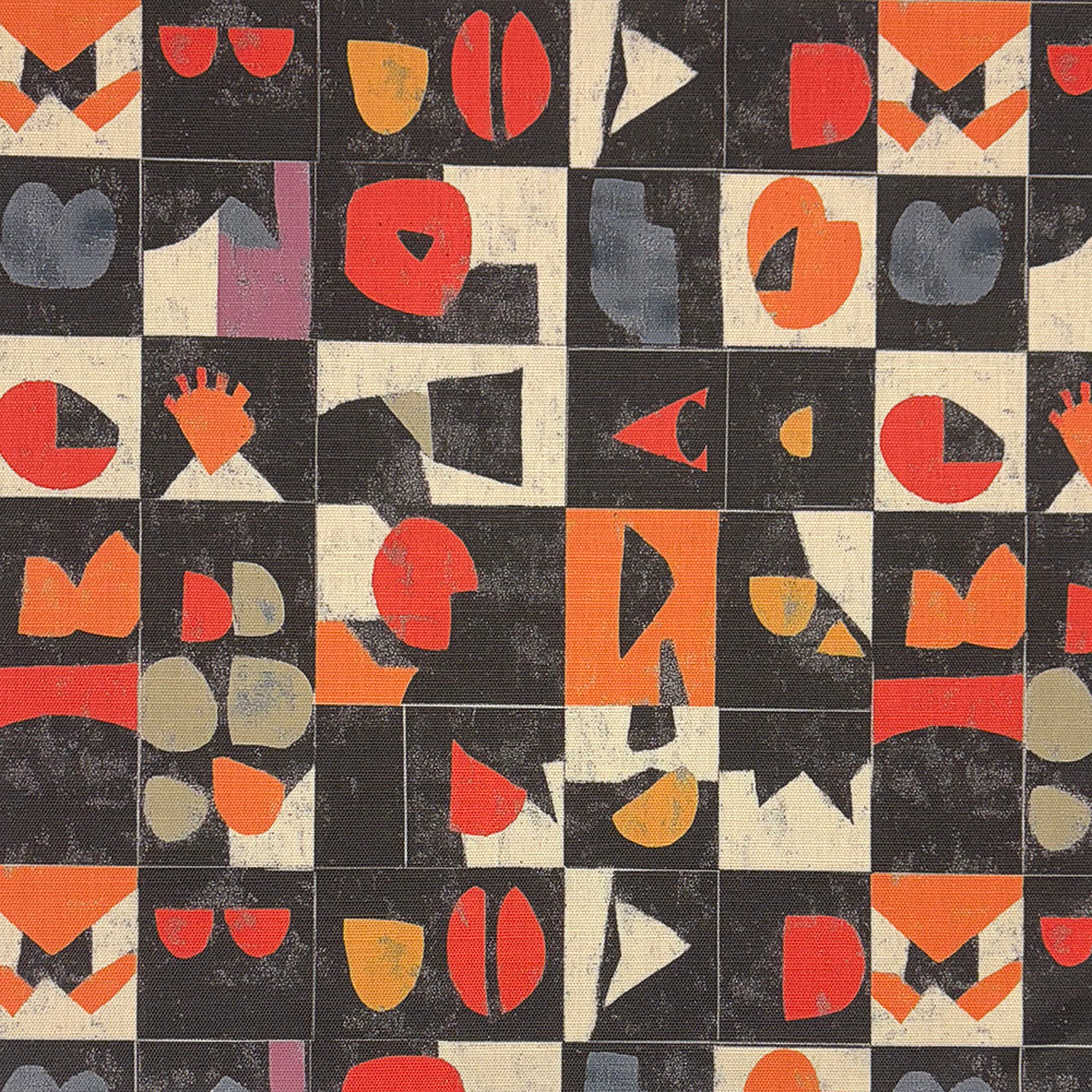 Atelier No.14 abstract geometric upholstery fabric in red, charcoal, and ochre