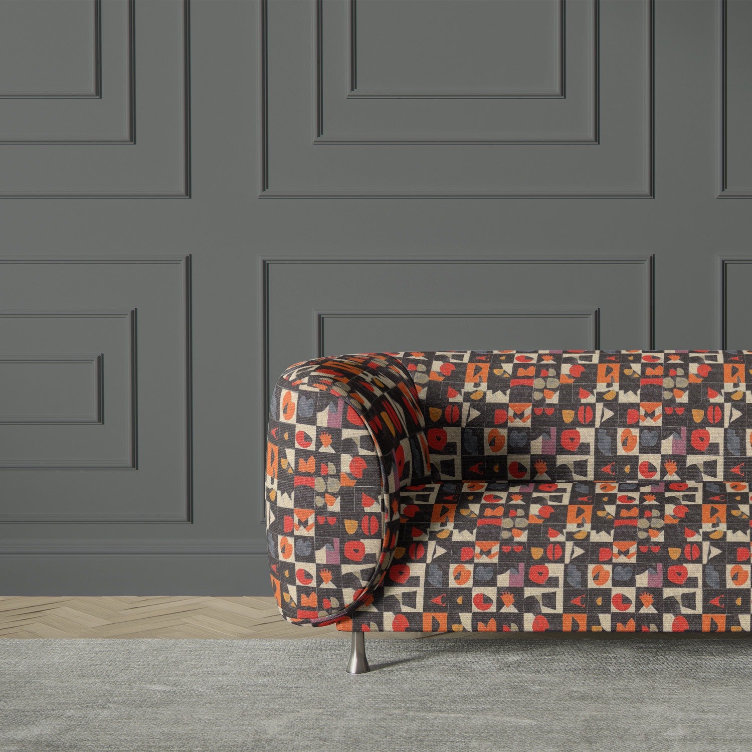Contemporary armchair upholstered in Atelier No.14 abstract pattern fabric