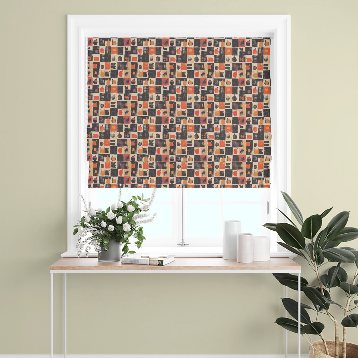 Atelier No.15 tiled curtain fabric Roman blind featuring abstract orange motifs on dark charcoal tiled background