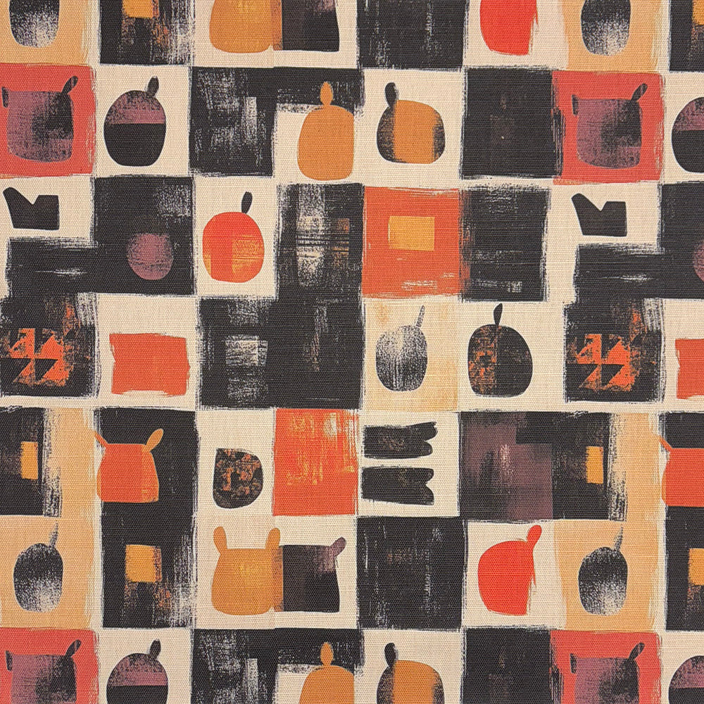 Atelier No.15 Upholstery Fabric – Mid-century modern abstract textile with fruit and vase motifs in rust, beige, and black