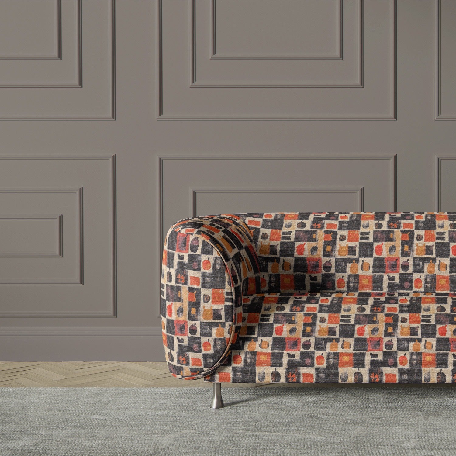 Armchair upholstered in Atelier No.15 Fabric – Bold mid-century patterned fabric in neutral and warm tones
