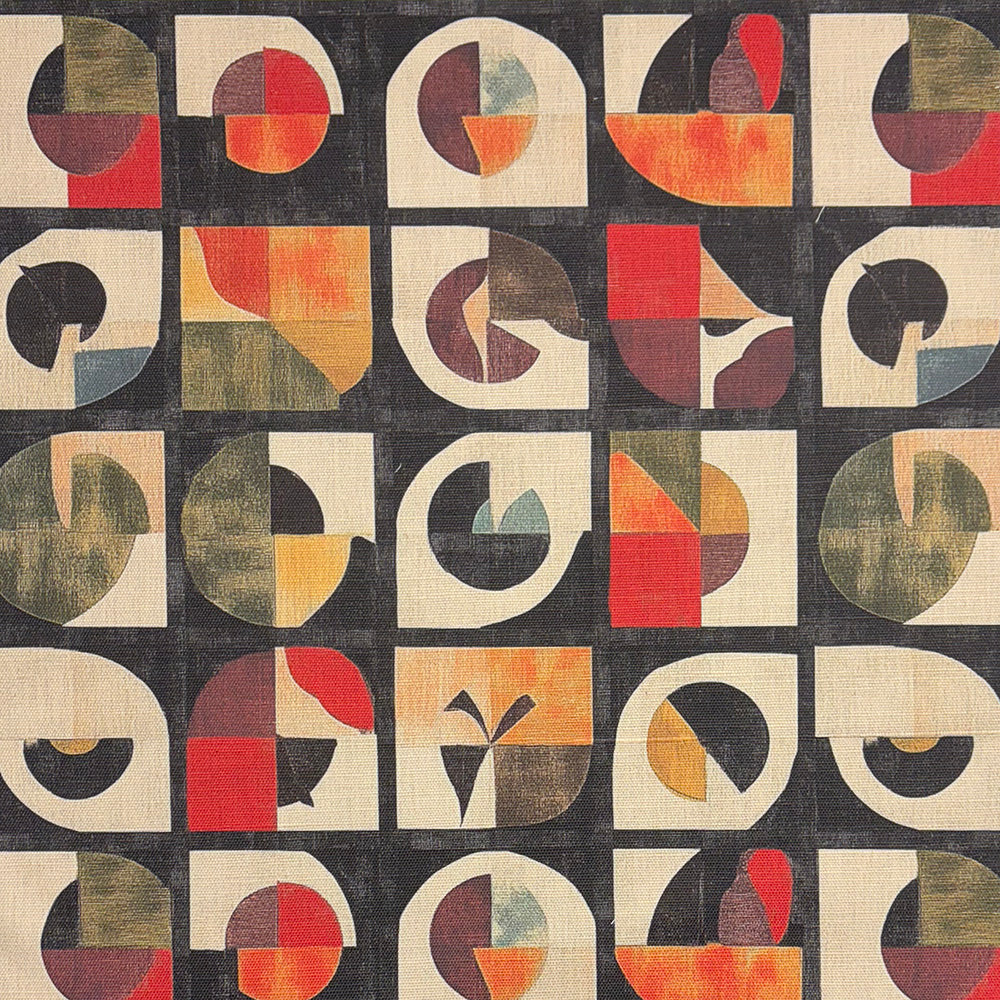 Atelier No.16 Upholstery Fabric – Mid-century geometric fabric with circle and square motifs in rust, beige, and sage green