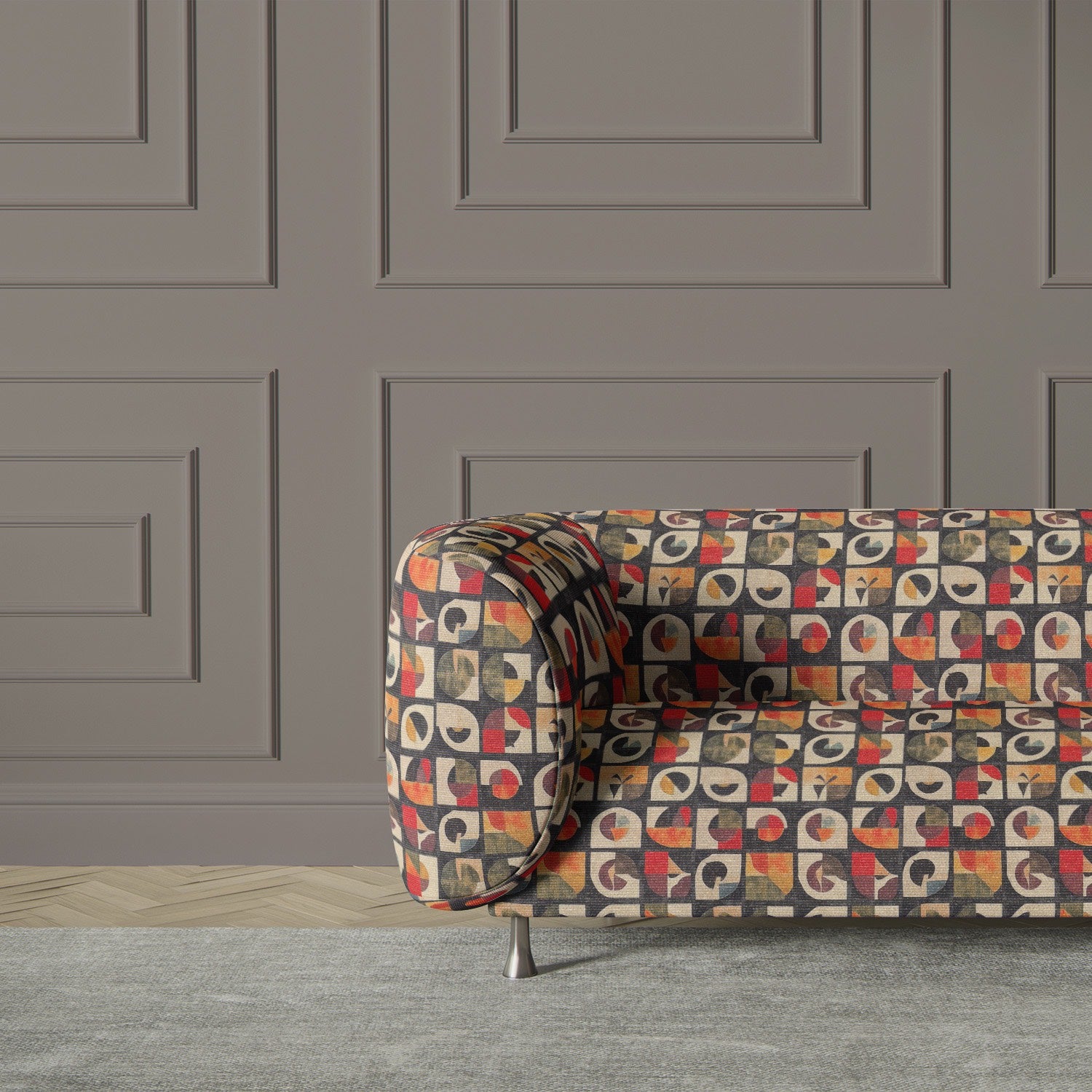 Modern armchair upholstered in Atelier No.16 – Abstract retro upholstery textile in a colourful graphic grid