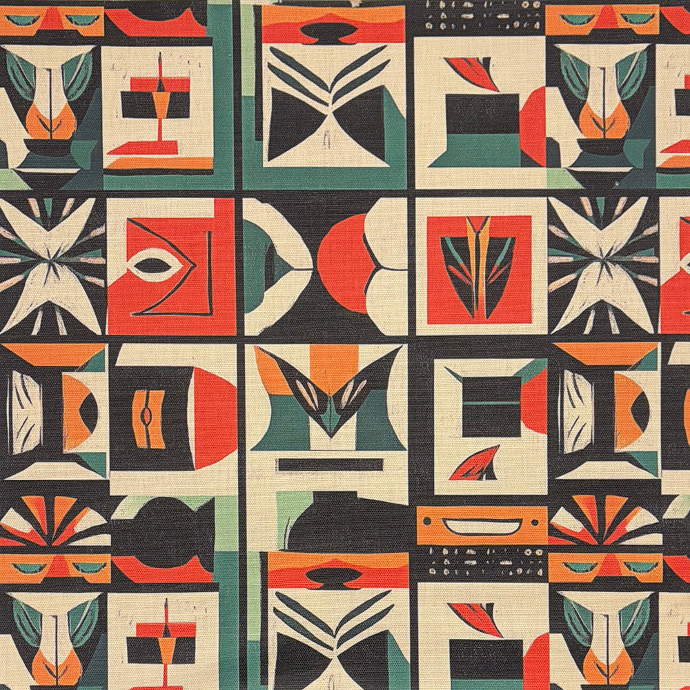 Atelier No.2 Upholstery Fabric – Geometric tile pattern in terracotta, ivory, sage green, and black, featuring intricate linework and artistic symmetry