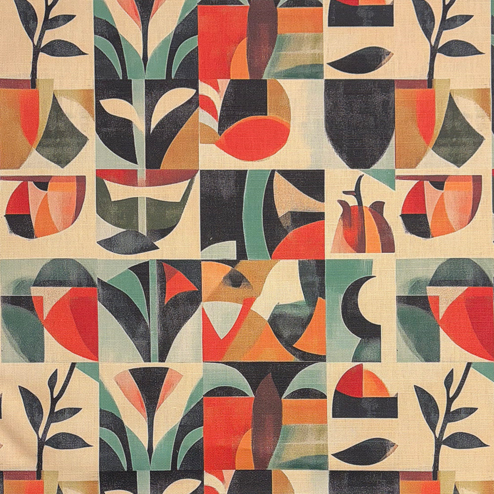 Atelier No.3 Upholstery Fabric – Abstract tiled pattern in terracotta, sage green, ivory, and black, blending geometric and botanical influences.