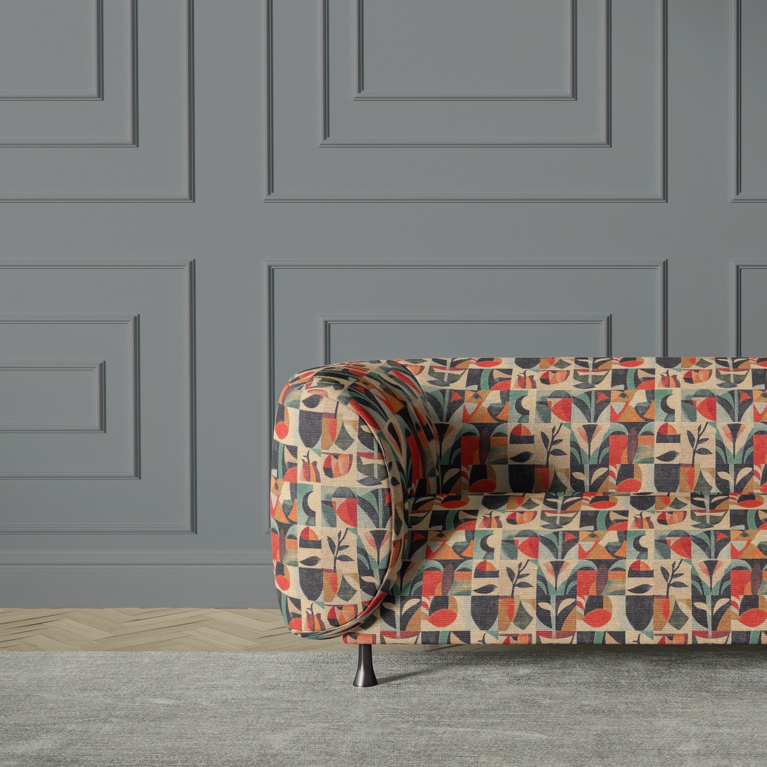 A designer chair upholstered in Atelier No.3 fabric, showcasing its bold pattern, warm color palette, and mid-century modern influences.