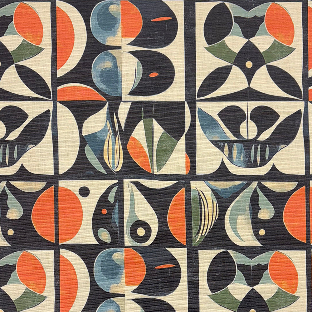 Atelier No.4 Upholstery Fabric – Mid-century modern inspired geometric pattern in navy, terracotta, sage green, and ivory with abstract botanical motifs.