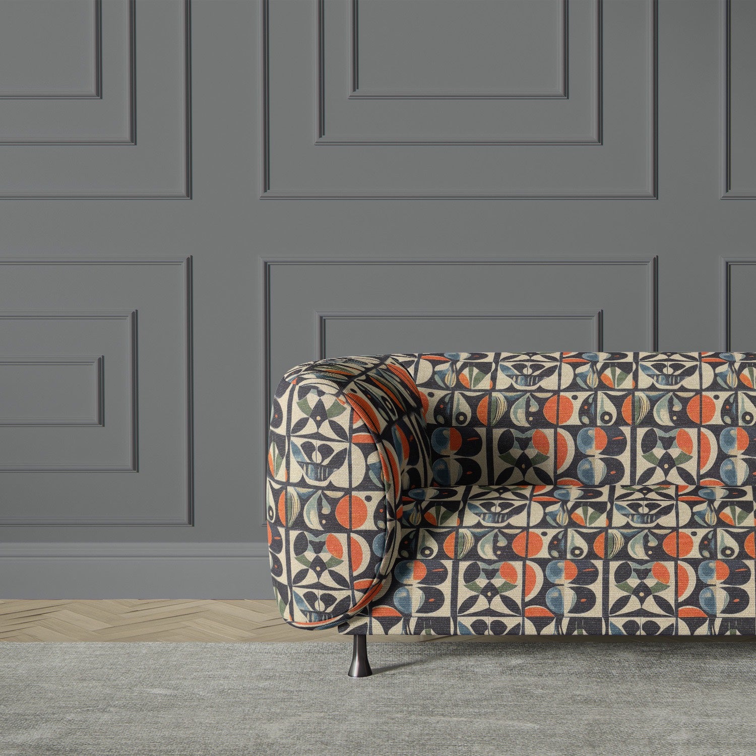 Luxury designer upholstery fabric featuring a tiled pattern with structured symmetry and fluid organic elements, ideal for contemporary interiors.