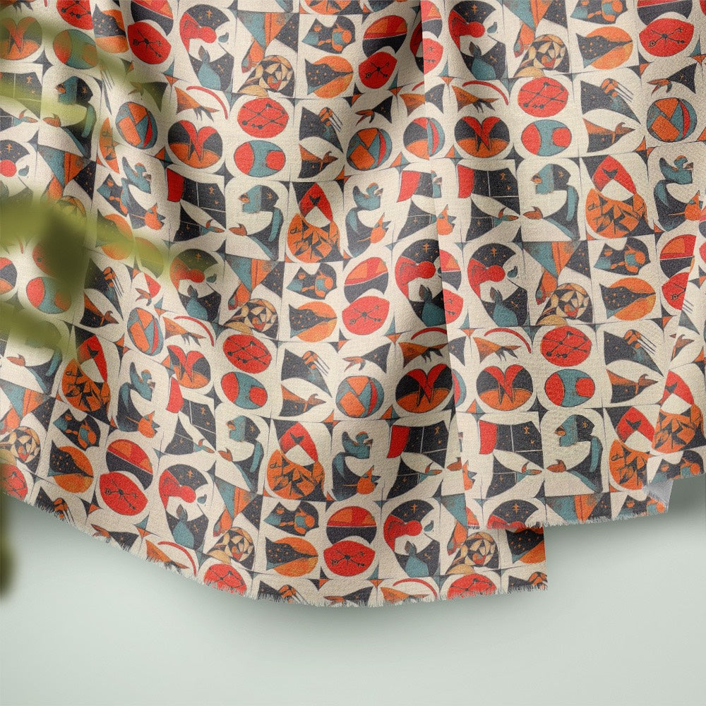 Draped Atelier No.5 upholstery fabrics showcasing fluid celestial motifs and bold color contrasts, perfect for artistic and modern interiors.