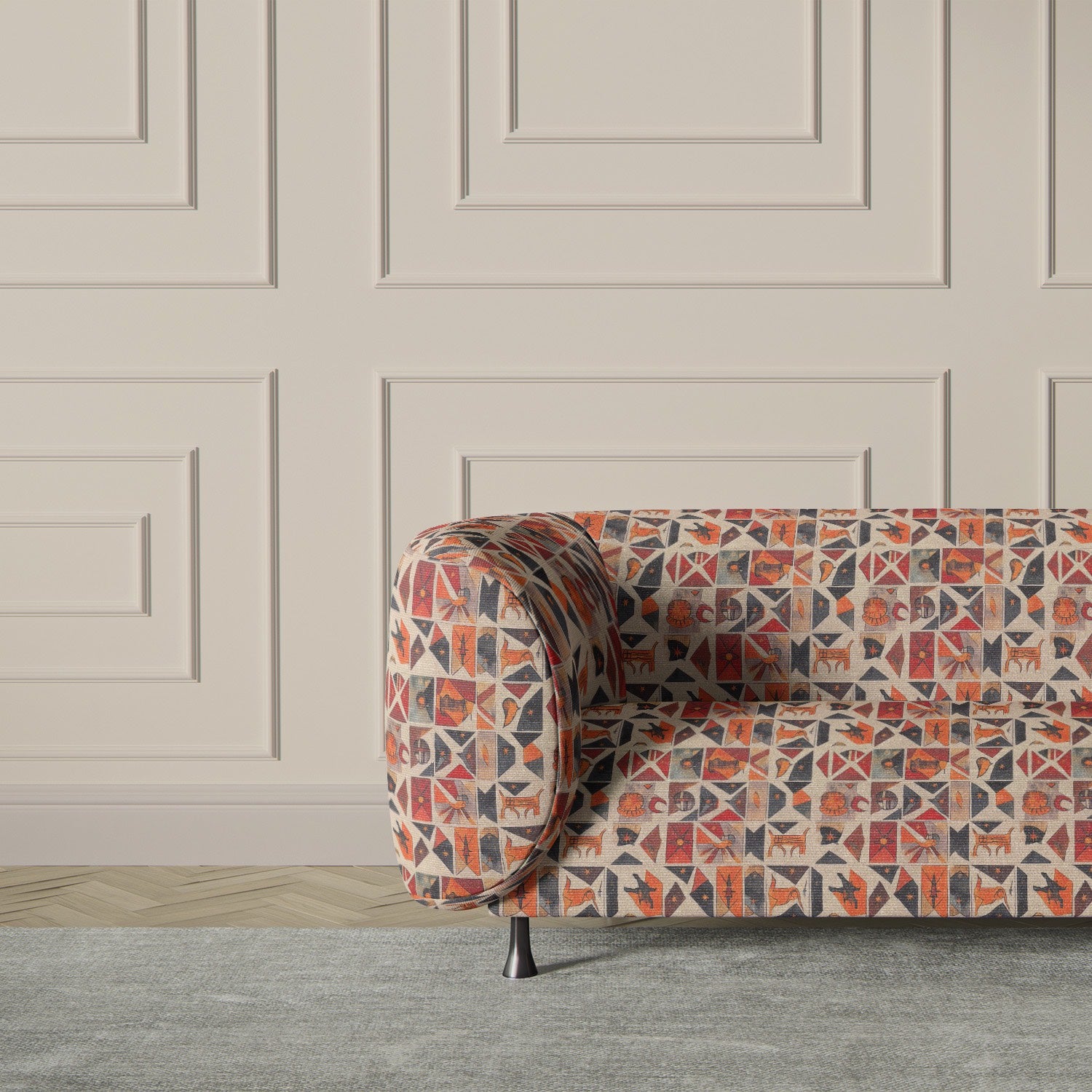 Armchair upholstered in Atelier No.6 showing symbolic print upholstery with retro shapes and rustic tones.