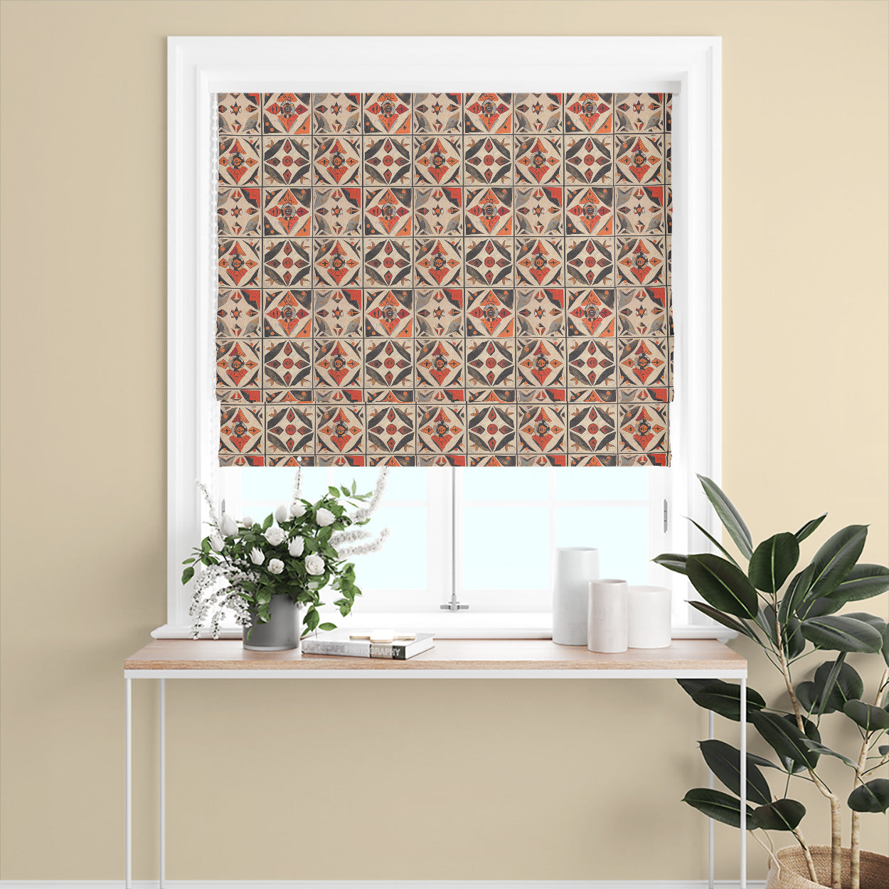 Atelier No.7 curtain fabric styled as roman blind with repeating tile motifs and warm earthy colours