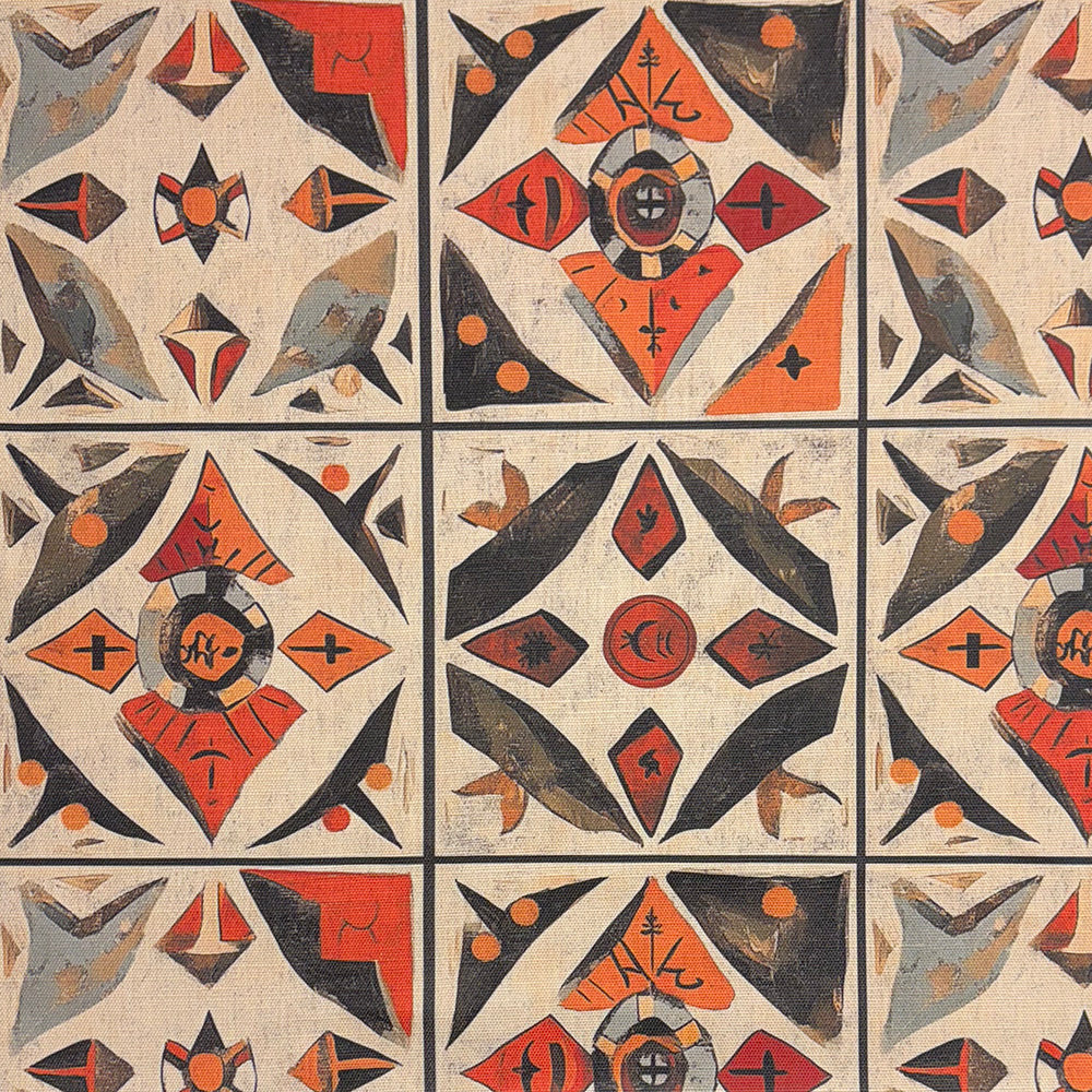 Atelier No.7 Upholstery Fabric – Symmetrical tile-inspired design in terracotta, taupe, and black with abstract folk motifs.