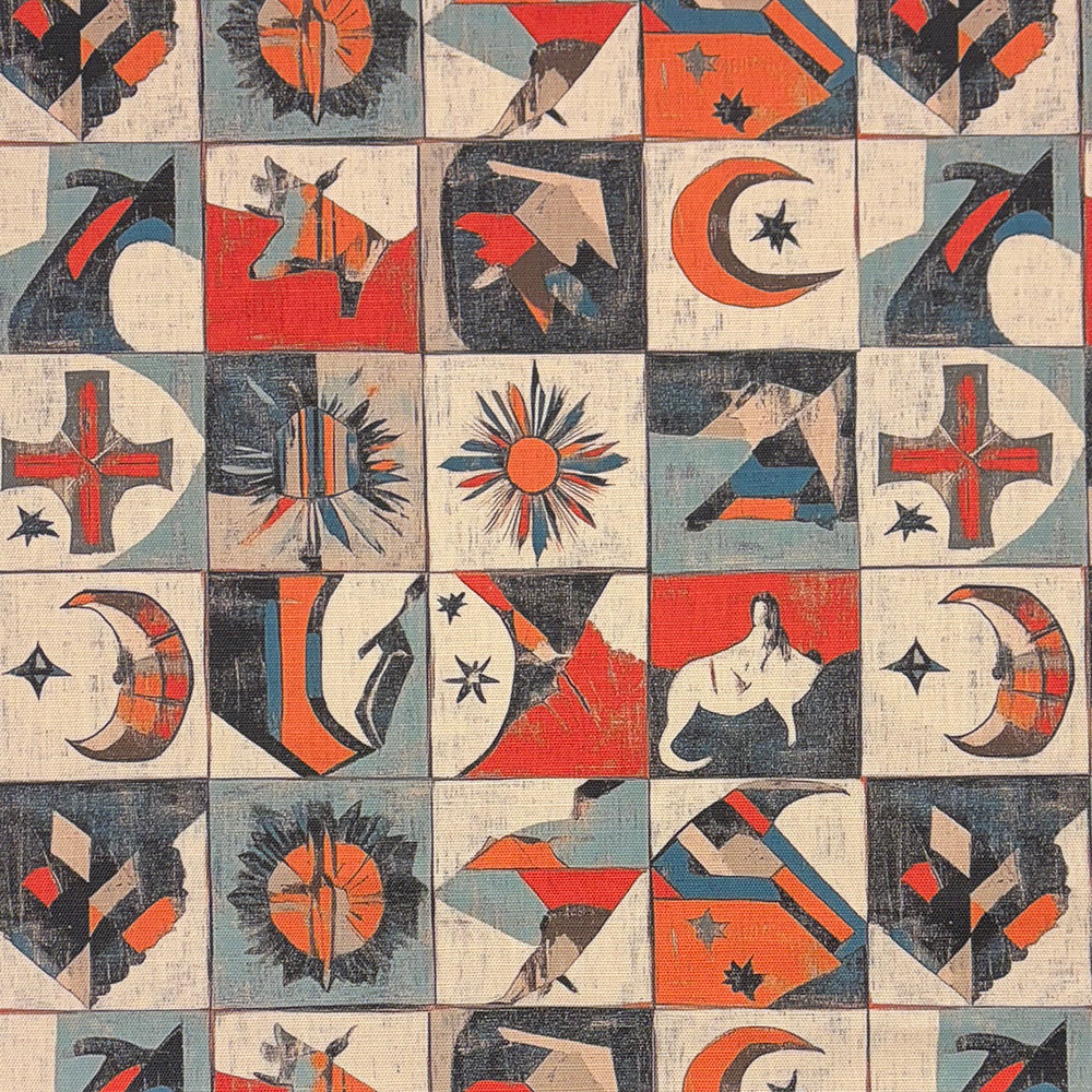 Atelier No.8 Upholstery Fabric – patchwork textile featuring abstract and symbolic tile motifs in red, blue, and black on a cream base.