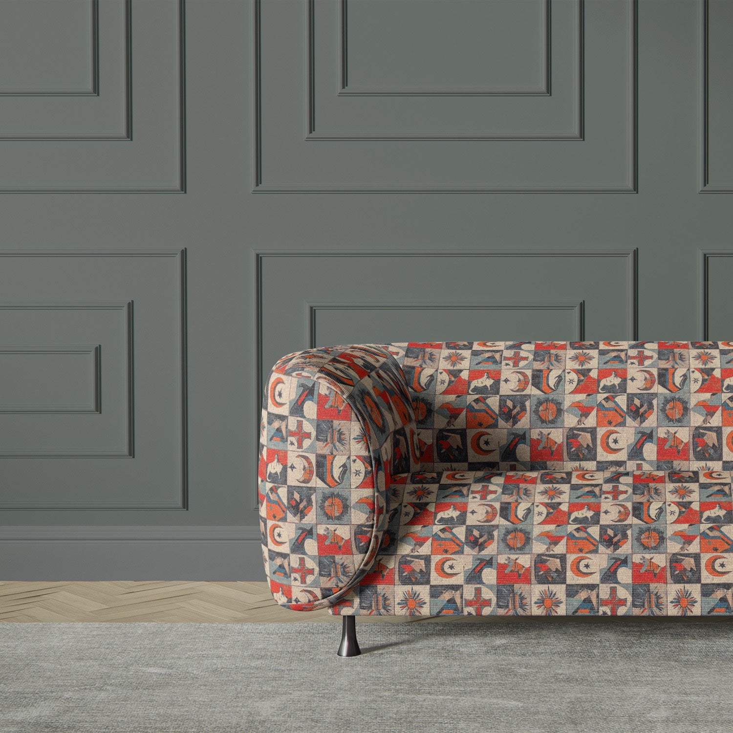 Armchair upholstered in Atelier No.8 fabric – bold artisan patchwork pattern ideal for statement interior design.