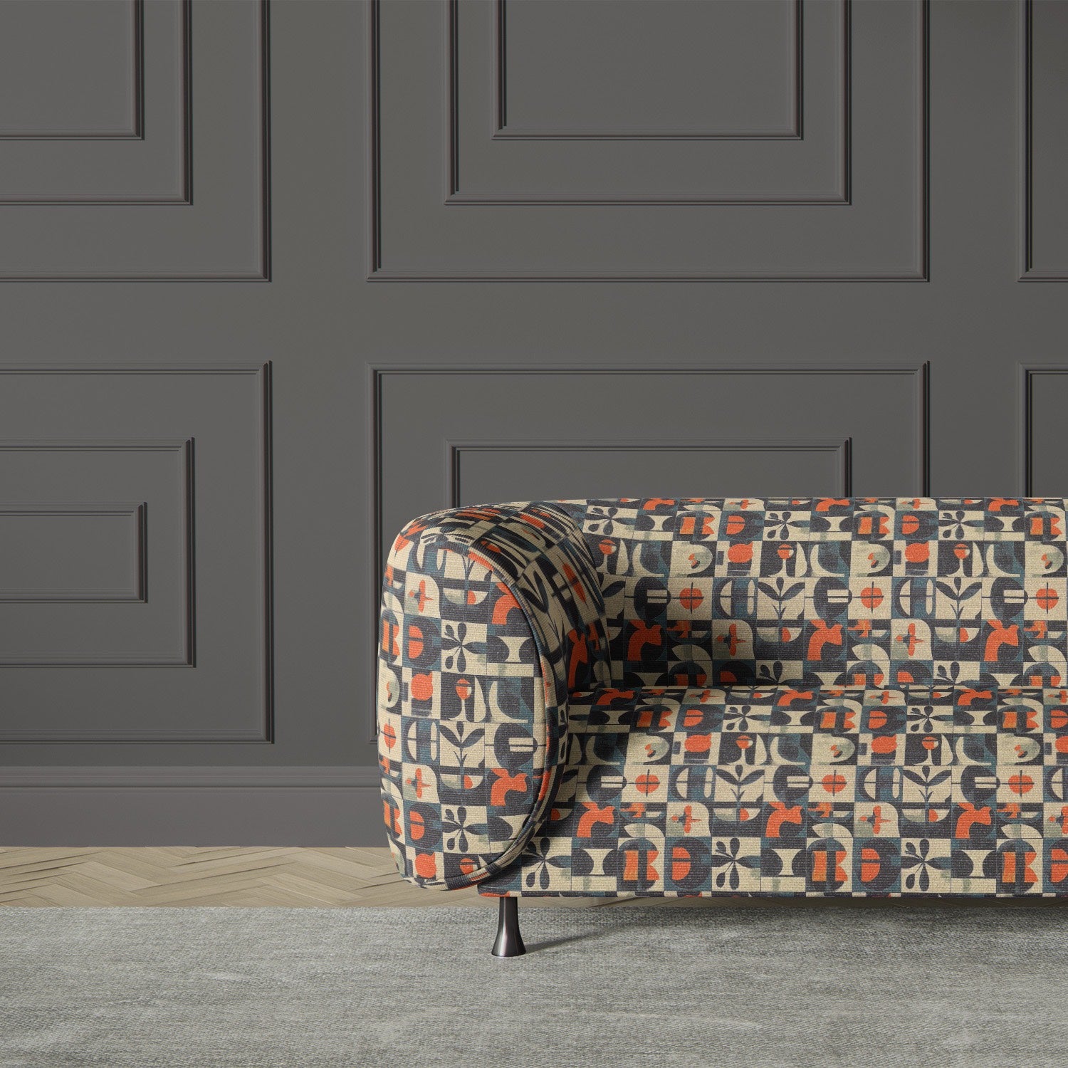 Upholstered armchair in Atelier No.9 – mid-century inspired earth tone upholstery fabric with artistic tile motifs
