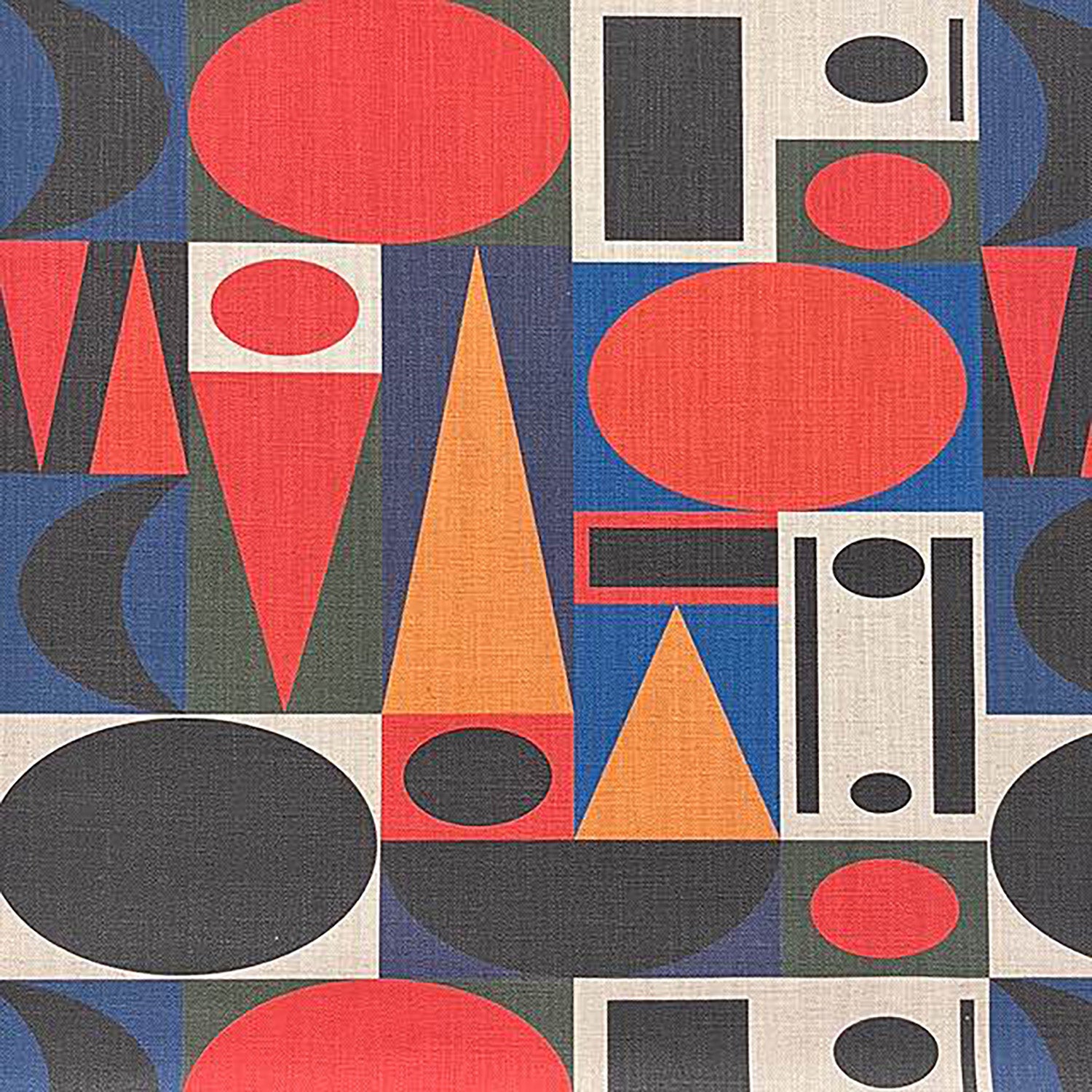 Avant No.10 geometric upholstery fabric with bold red, blue, ochre and black abstract shapes