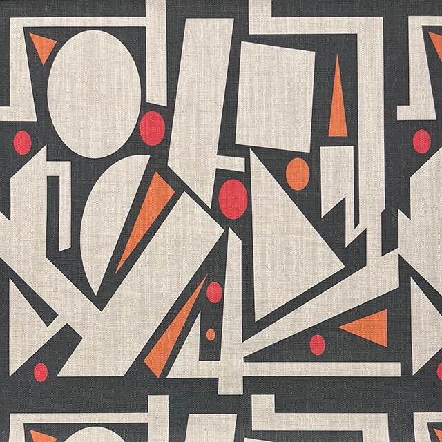 Avant No.16 upholstery fabric with cubist-inspired black and red abstract shapes on ivory background