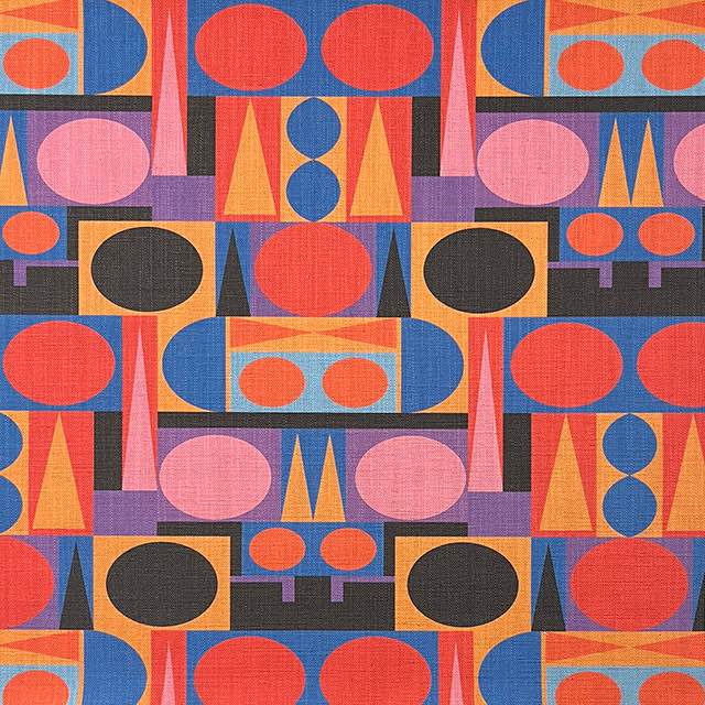 Avant No.17 cubism-inspired geometric upholstery fabric in red, mustard and black tones – bold designer textile for modern interiors