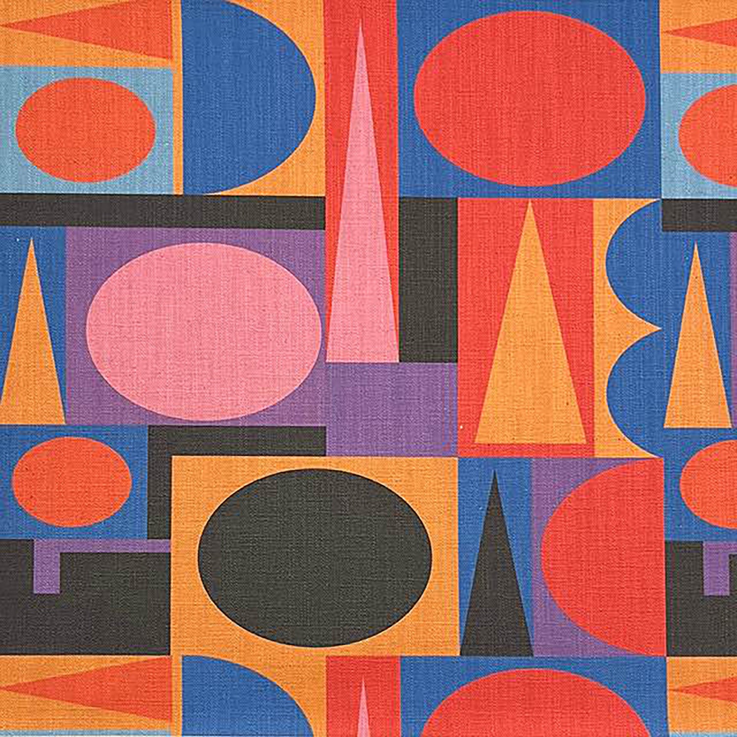 vant No.18 geometric cubist upholstery fabric in vivid red, orange, purple and blue – abstract designer textile for bold interiors