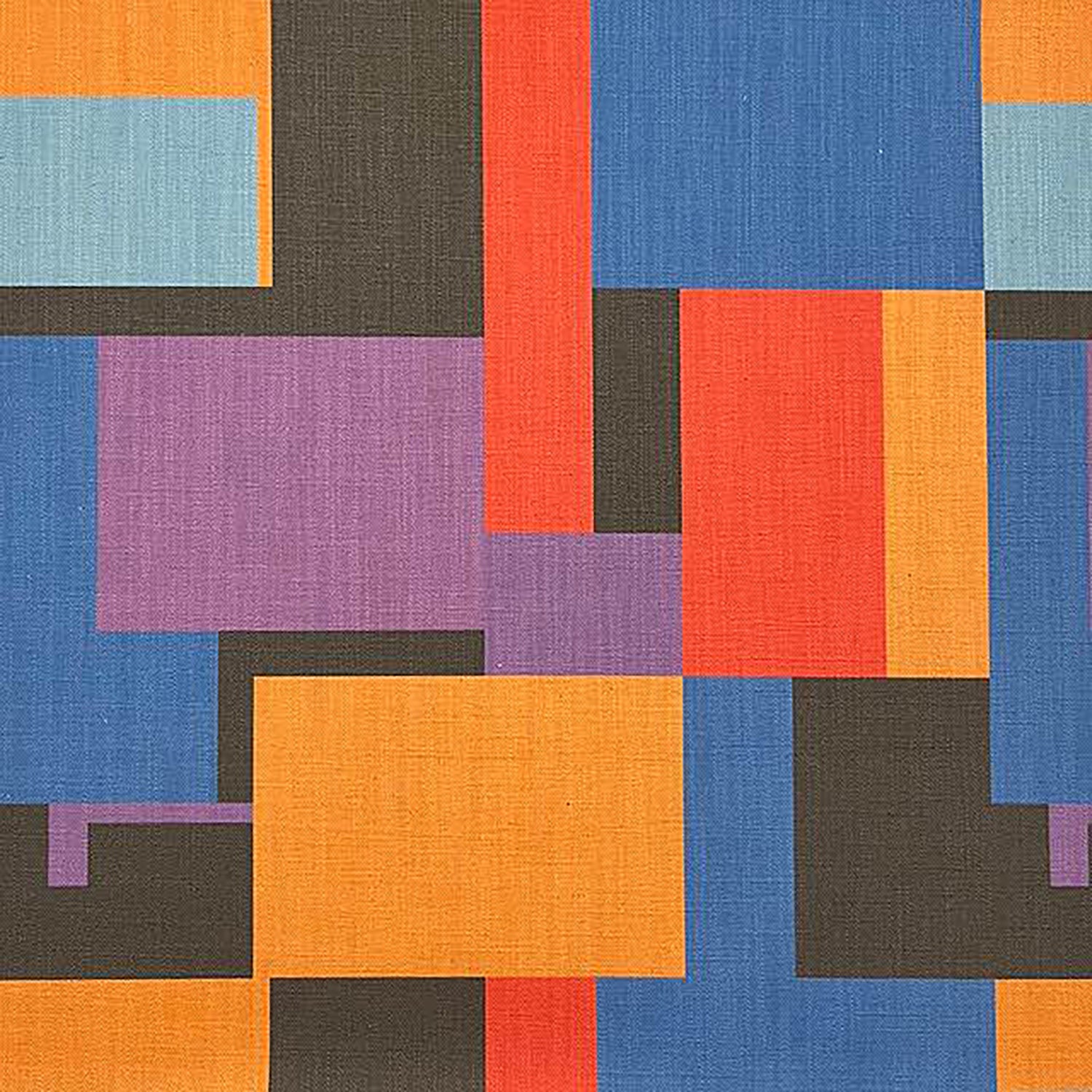 Avant No.19 upholstery fabric with geometric block colour design in orange, blue, lilac, and charcoal – cubist luxury textile for interiors