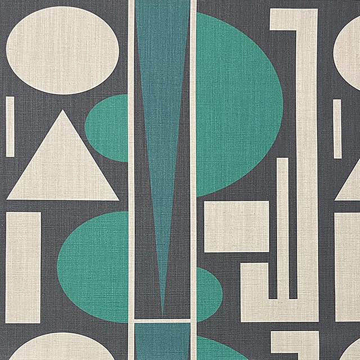 Avant No.1 luxury upholstery fabric in teal green, black, and natural with cubism shape pattern – flat design