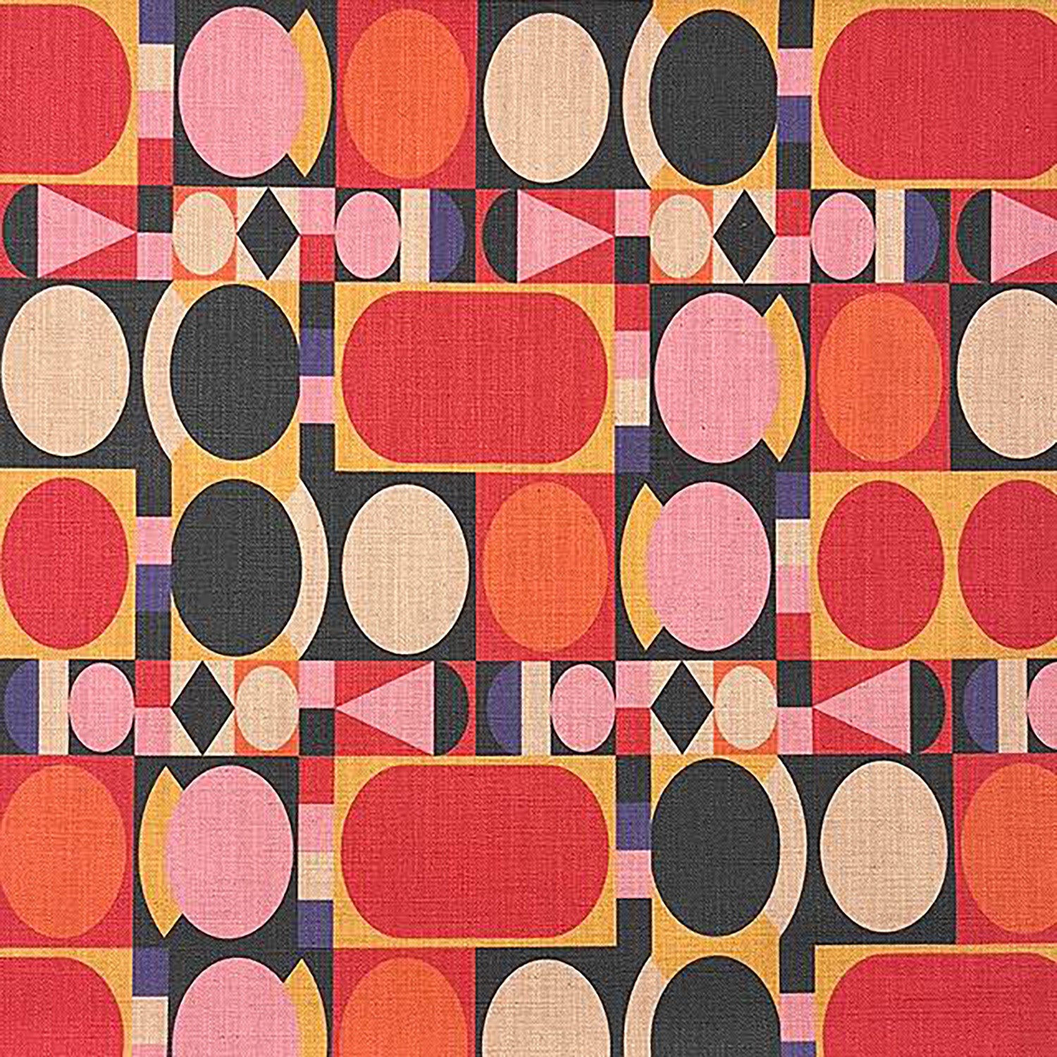 Avant No.4 geometric cubist upholstery fabric swatch in bold red and pink – ideal for modern statement chairs.