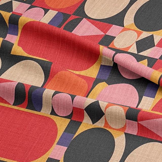 Close-up texture of luxury red and pink upholstery material with cubist pattern – durable for commercial seating