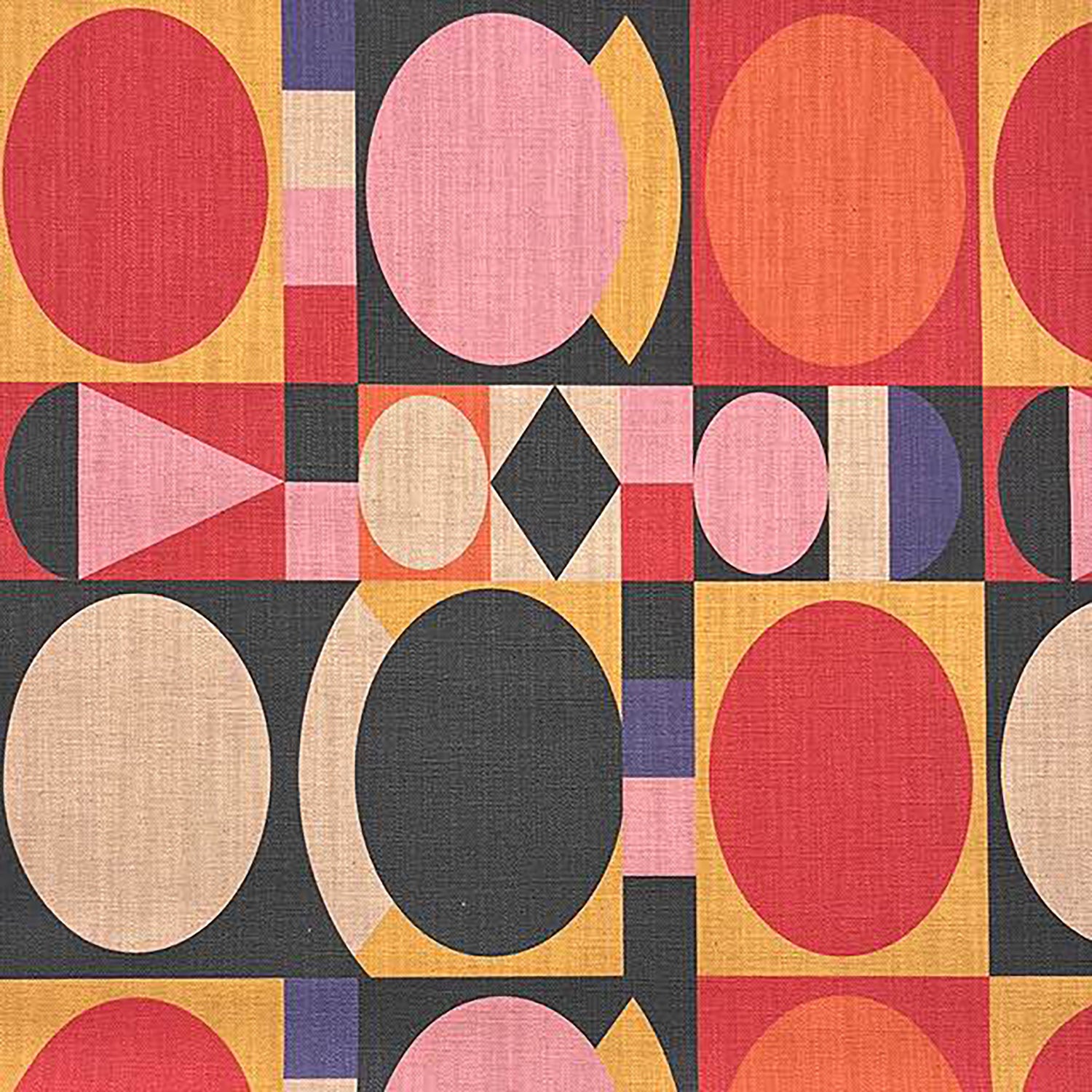 Avant No.5 cubist-inspired upholstery fabric featuring bold circles and geometric shapes in red, pink, ochre, and black on neutral base