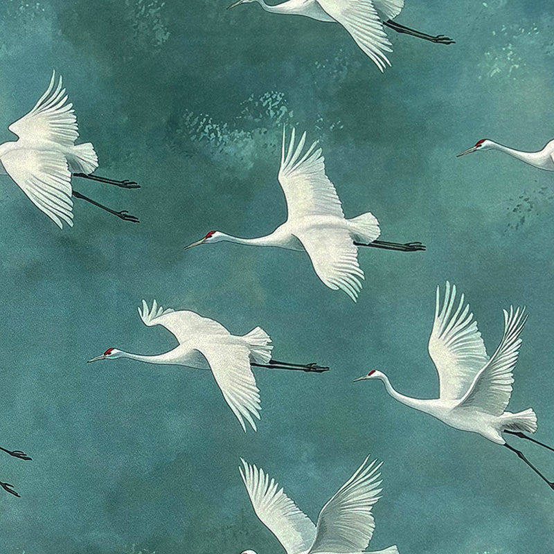 Velvet bird fabric with flock of flying cranes on teal blue velvet background – Aviary No.10 velvet upholstery fabric