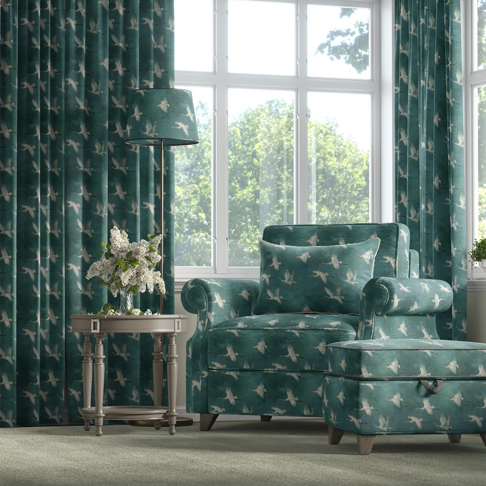 Velvet bird fabric used on armchair, ottoman and curtains with crane flight pattern on teal velvet – Aviary No.10 velvet bird fabric