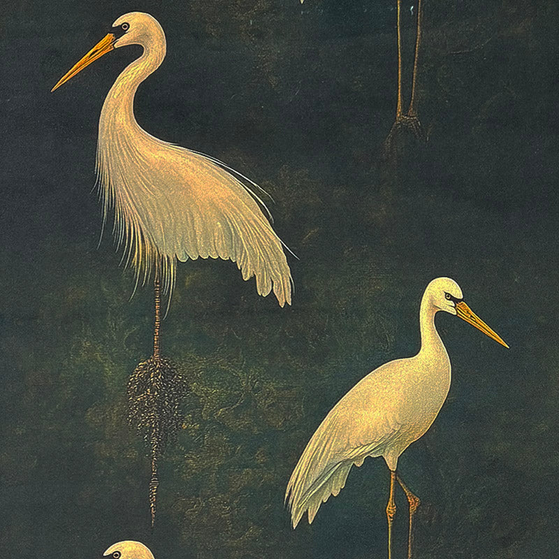 Velvet bird fabric featuring elegant herons on deep green background – Aviary No.1 velvet upholstery fabric