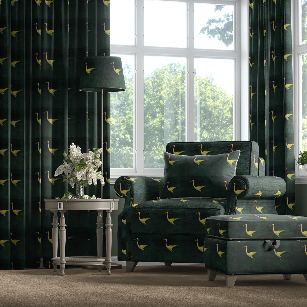 Velvet bird fabric used on armchair, ottoman and curtains with flying heron motif on green velvet – Aviary No.4 velvet bird fabric