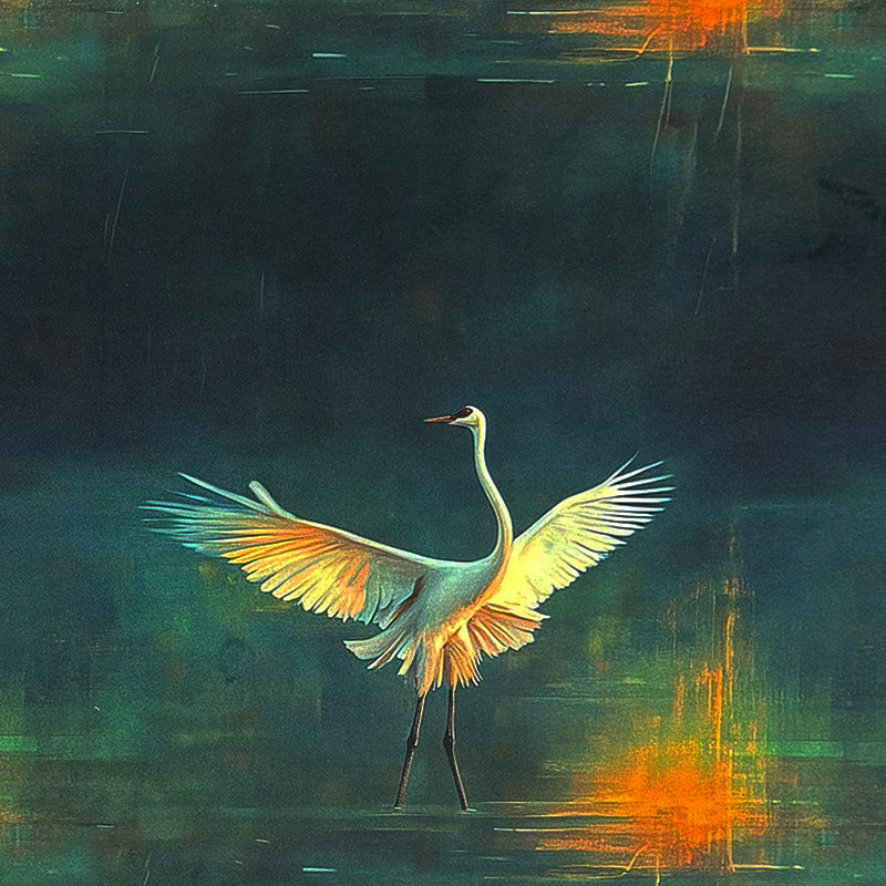 Velvet bird fabric with glowing crane design and wings outstretched on deep green velvet – Aviary No.6 velvet upholstery fabric