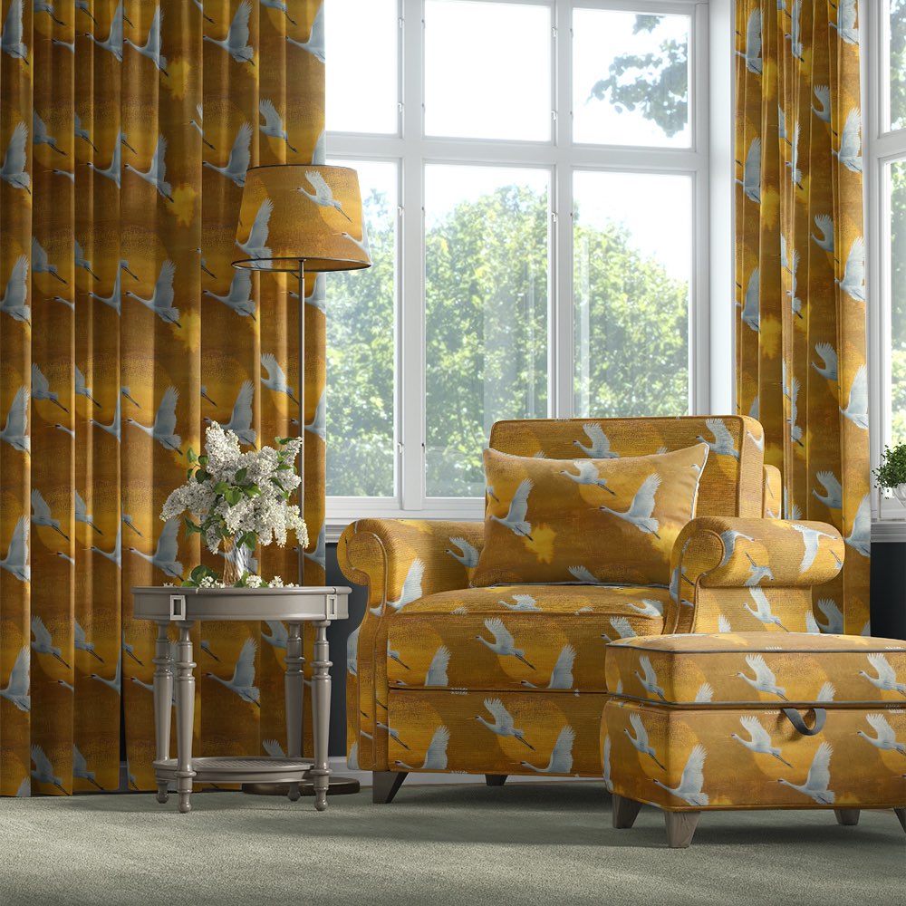 Velvet bird fabric used on armchair, ottoman and curtains with crane pattern on golden velvet – Aviary No.8 velvet bird fabric
