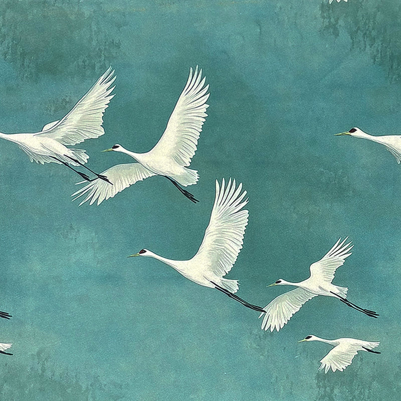 Velvet bird fabric with flying crane pattern on teal blue velvet background – Aviary No.9 velvet upholstery fabric