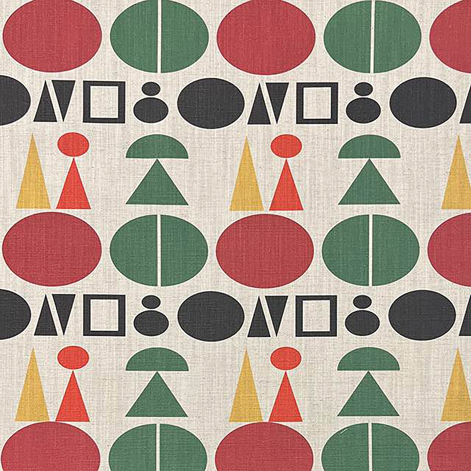 Avignon No.15 fabric flat lay showing geometric red, green, and yellow shapes on neutral background – modern upholstery textile