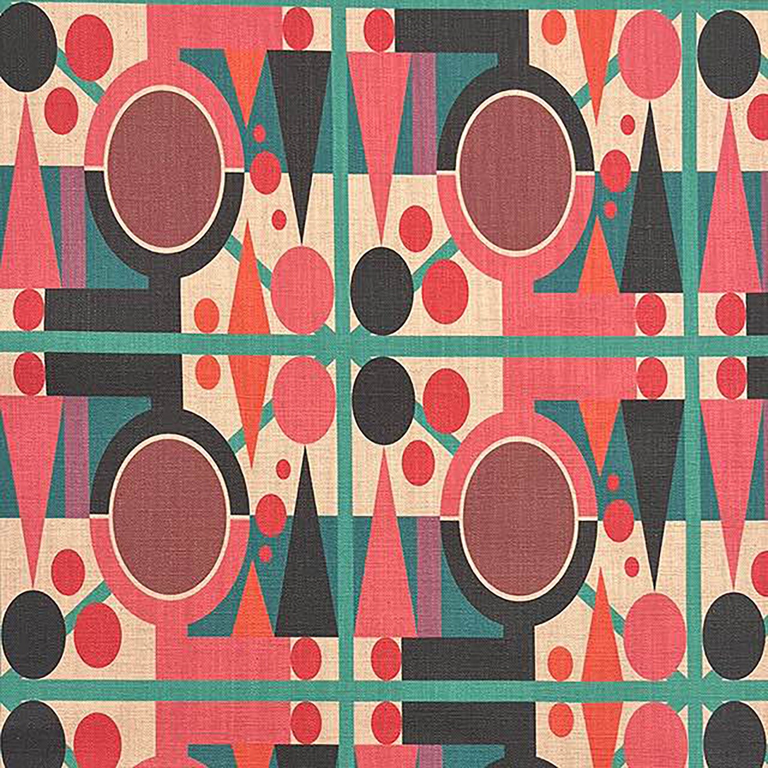 Flatlay of Avignon No.18 fabric with symmetrical red and green geometric design – modern upholstery textile