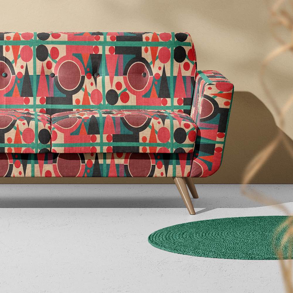 Sofa upholstered in Avignon No.18 – bold cubist-inspired mid-century furniture