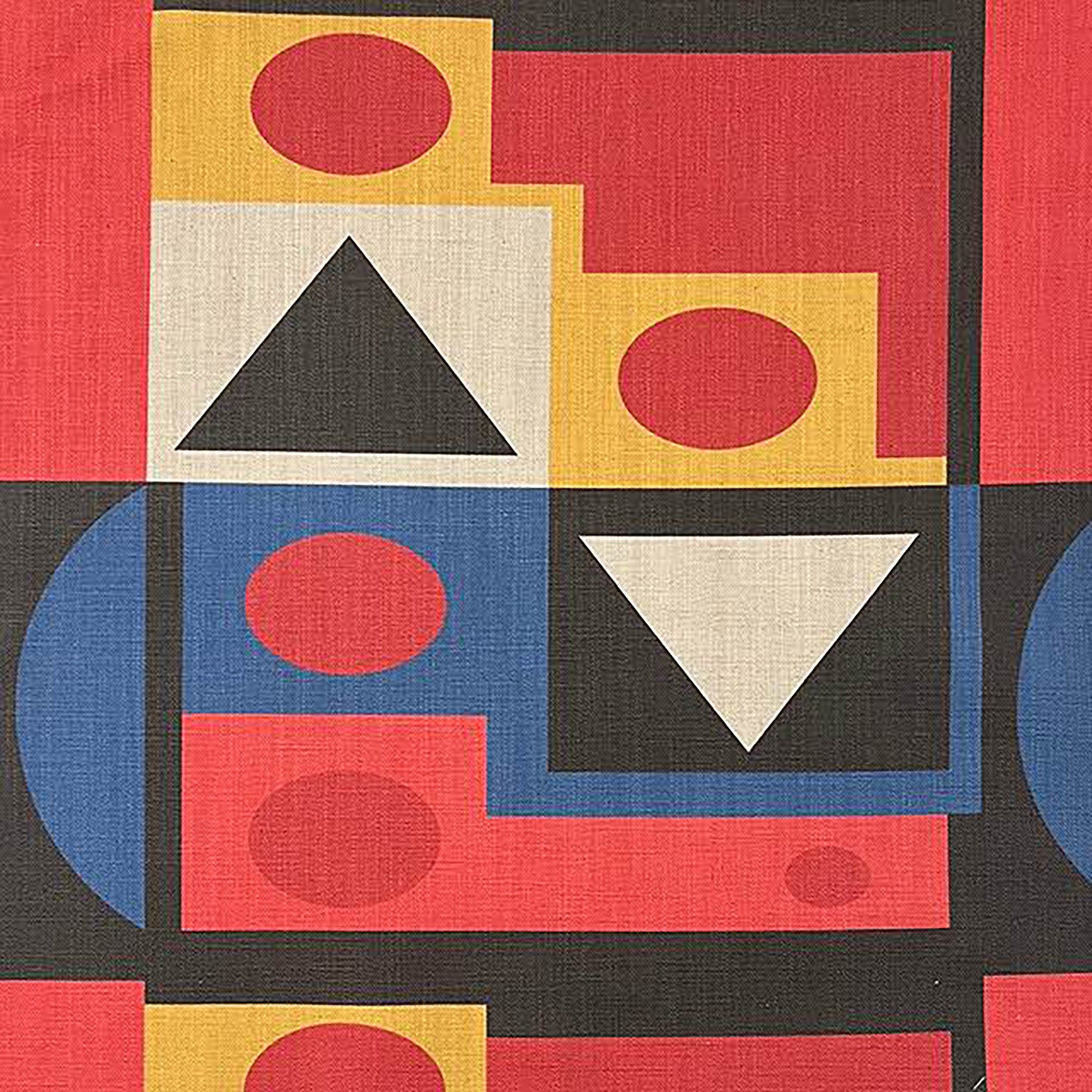 Flatlay of Avignon No.19 fabric with abstract red, blue, yellow and black geometric pattern