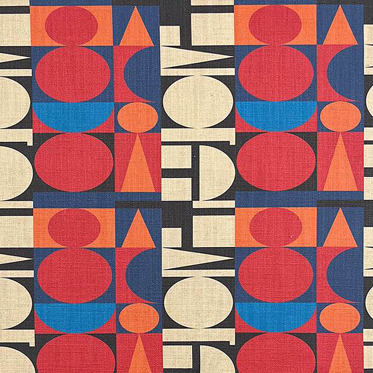 Avignon No.7 upholstery fabric with cubist pattern in red, blue, and cream – bold designer textile for modern interiors